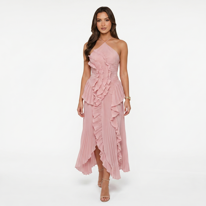 Maxi Dress Women’s Halter Neck Pleated Ruffle Sleeveless Back Tie