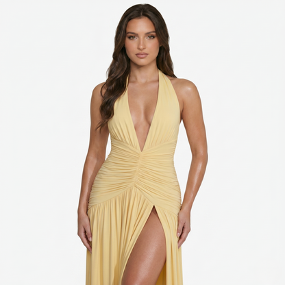 Maxi Dress Women's Halter Plunge Neckline Ruched