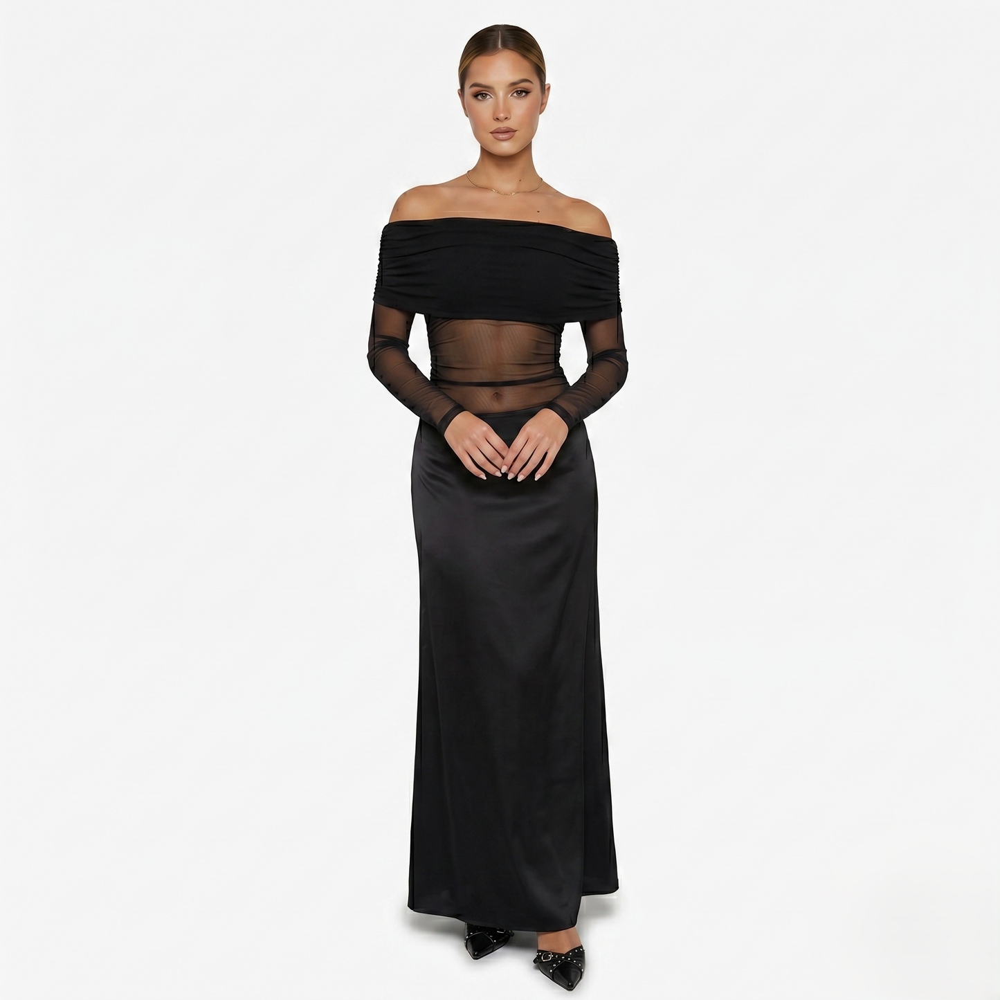 Maxi Dress Women's Off Shoulder Mesh Long Sleeve Ruched Bodycon