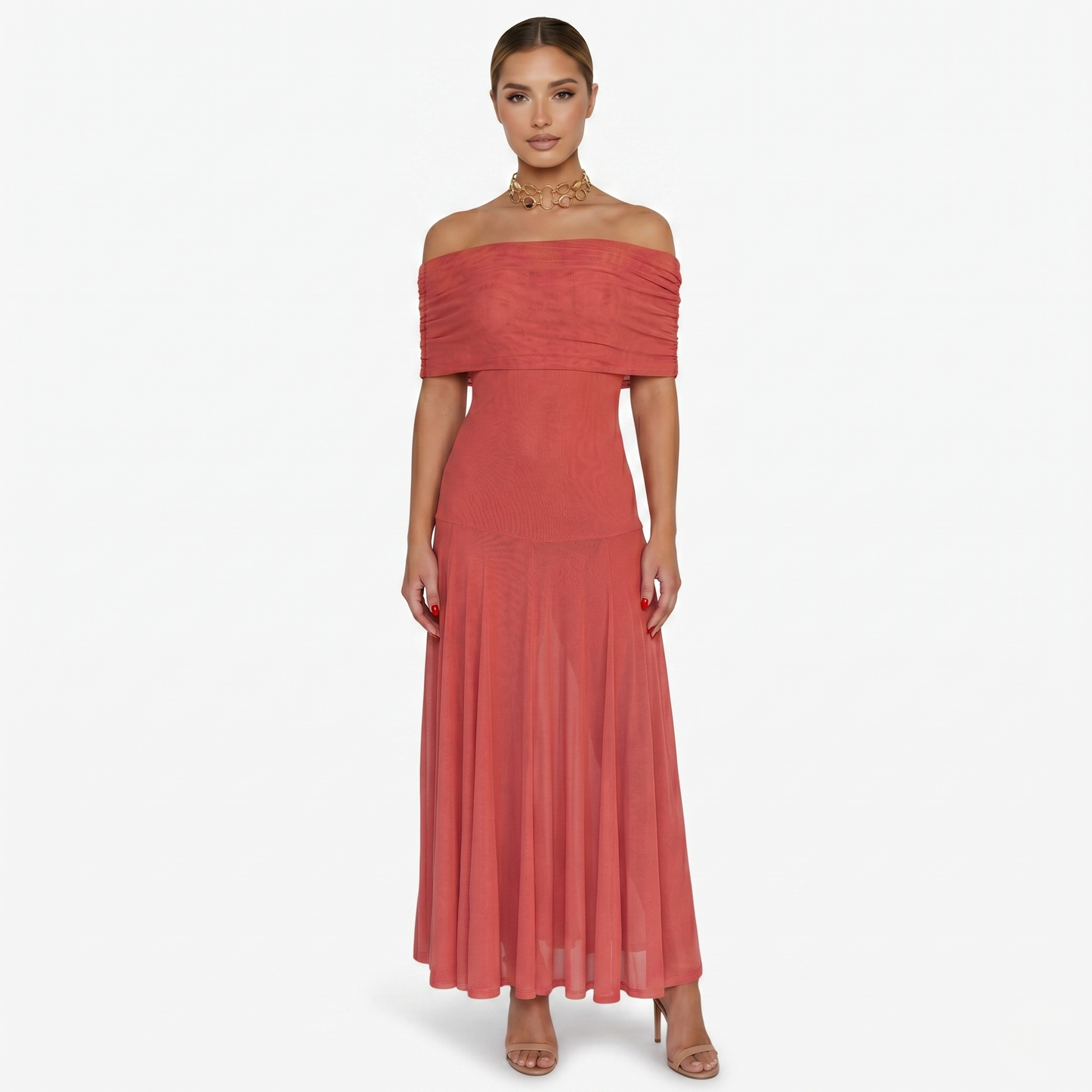 Maxi Dress Women's One Shoulder Mesh Ruched Bodice