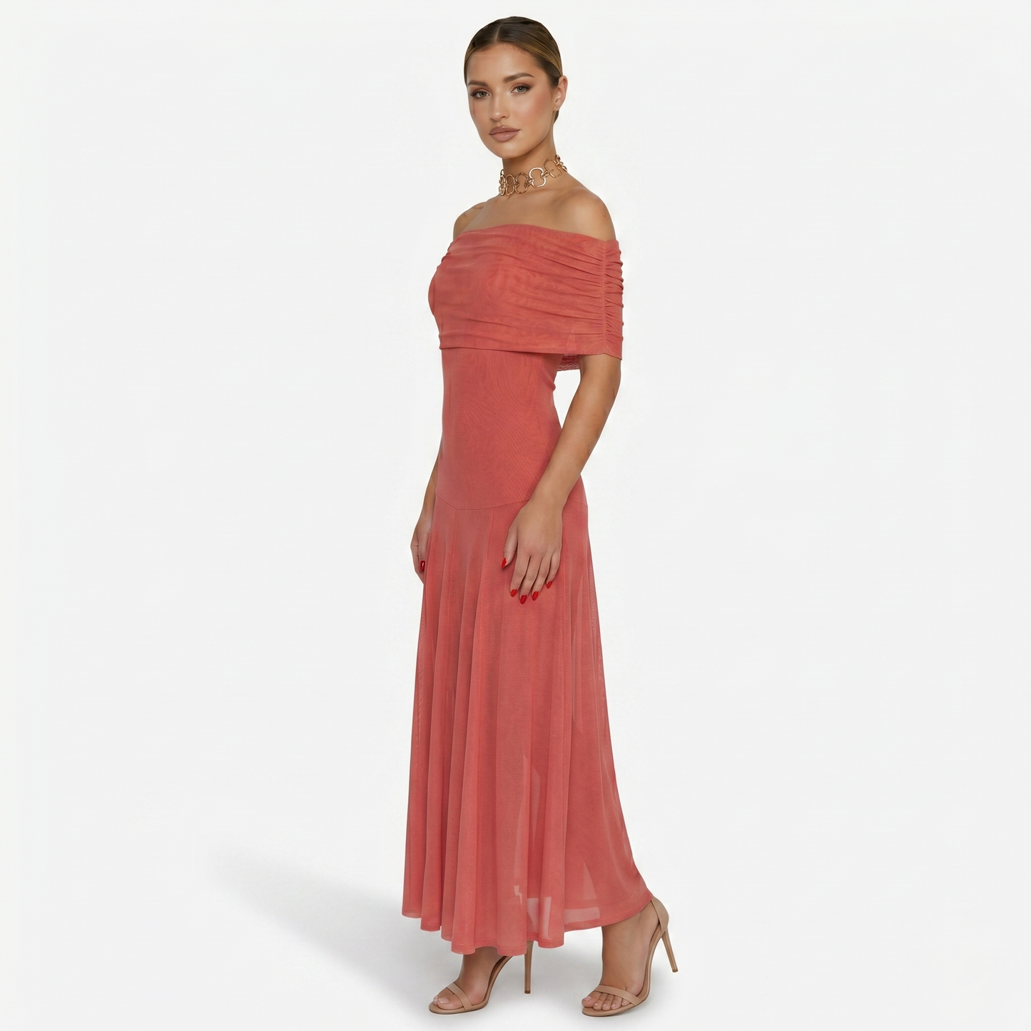 Maxi Dress Women's One Shoulder Mesh Ruched Bodice