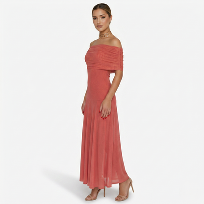 Maxi Dress Women's One Shoulder Mesh Ruched Bodice