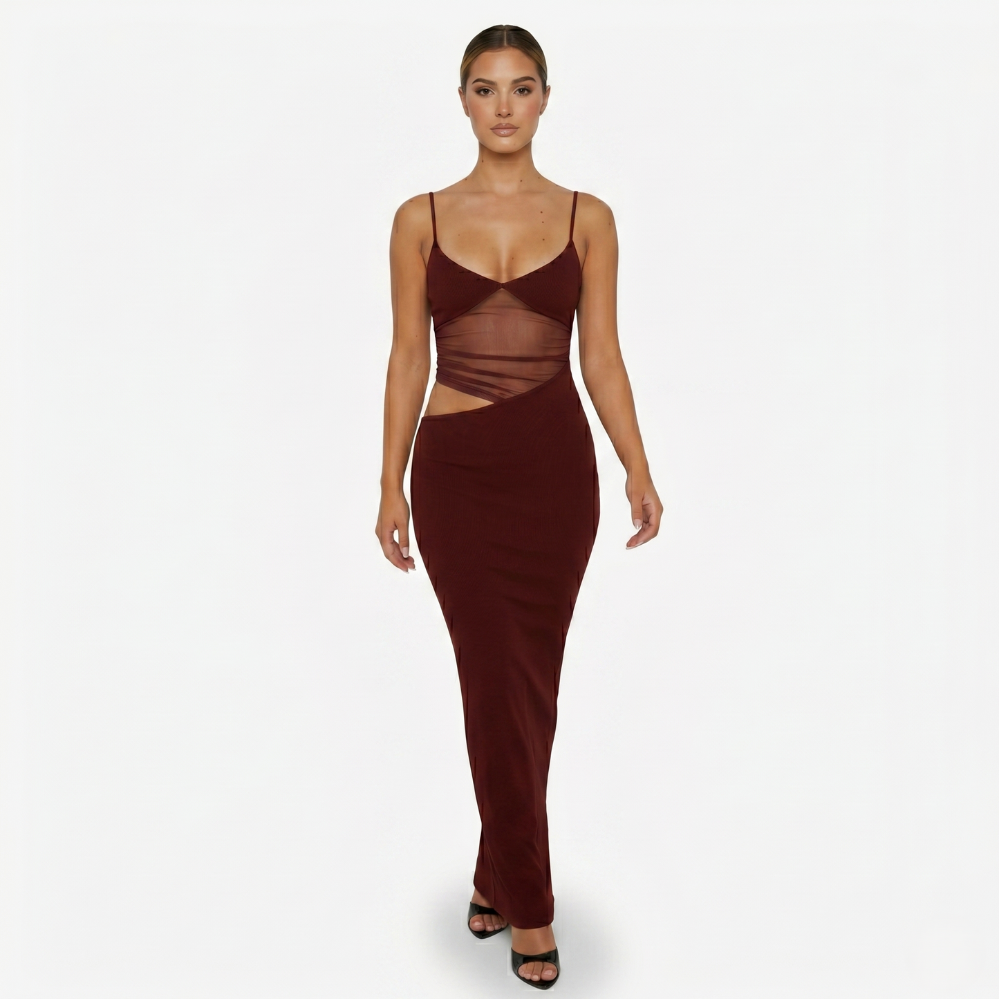 Maxi Dress Women's Spaghetti Strap Mesh Panel Cut Out Bodycon