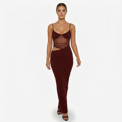 Maxi Dress Women's Spaghetti Strap Mesh Panel Cut Out Bodycon