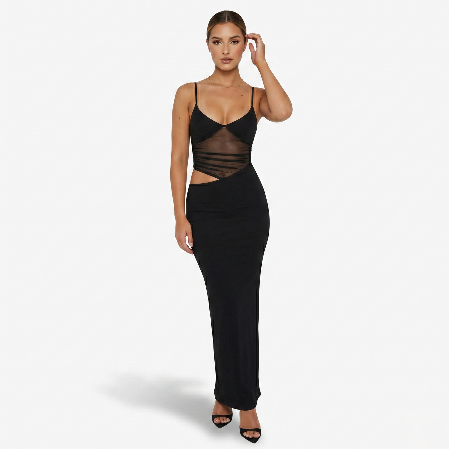 Maxi Dress Women's Spaghetti Strap Mesh Panel Cut Out Bodycon – Mavenburry
