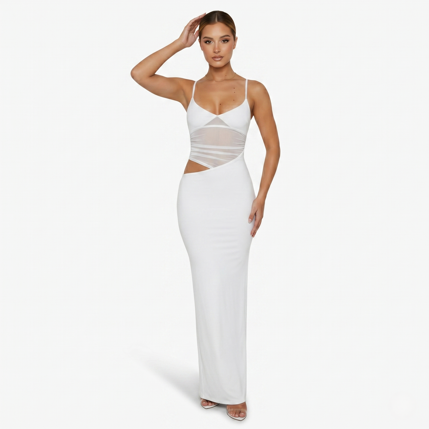 Maxi Dress Women's Spaghetti Strap Mesh Panel Cut Out Bodycon