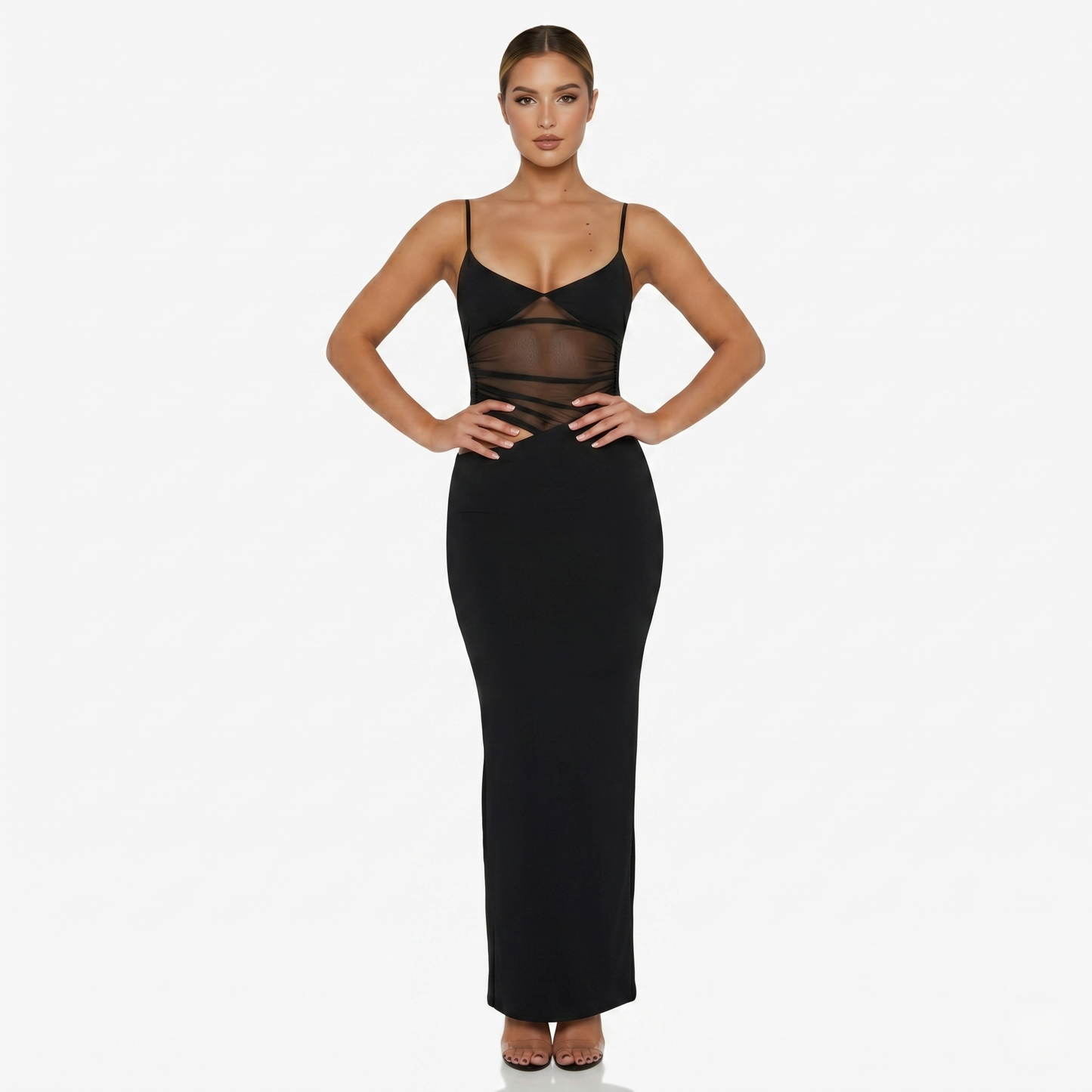 Maxi Dress Women's Spaghetti Strap Mesh Panel Cut Out Bodycon