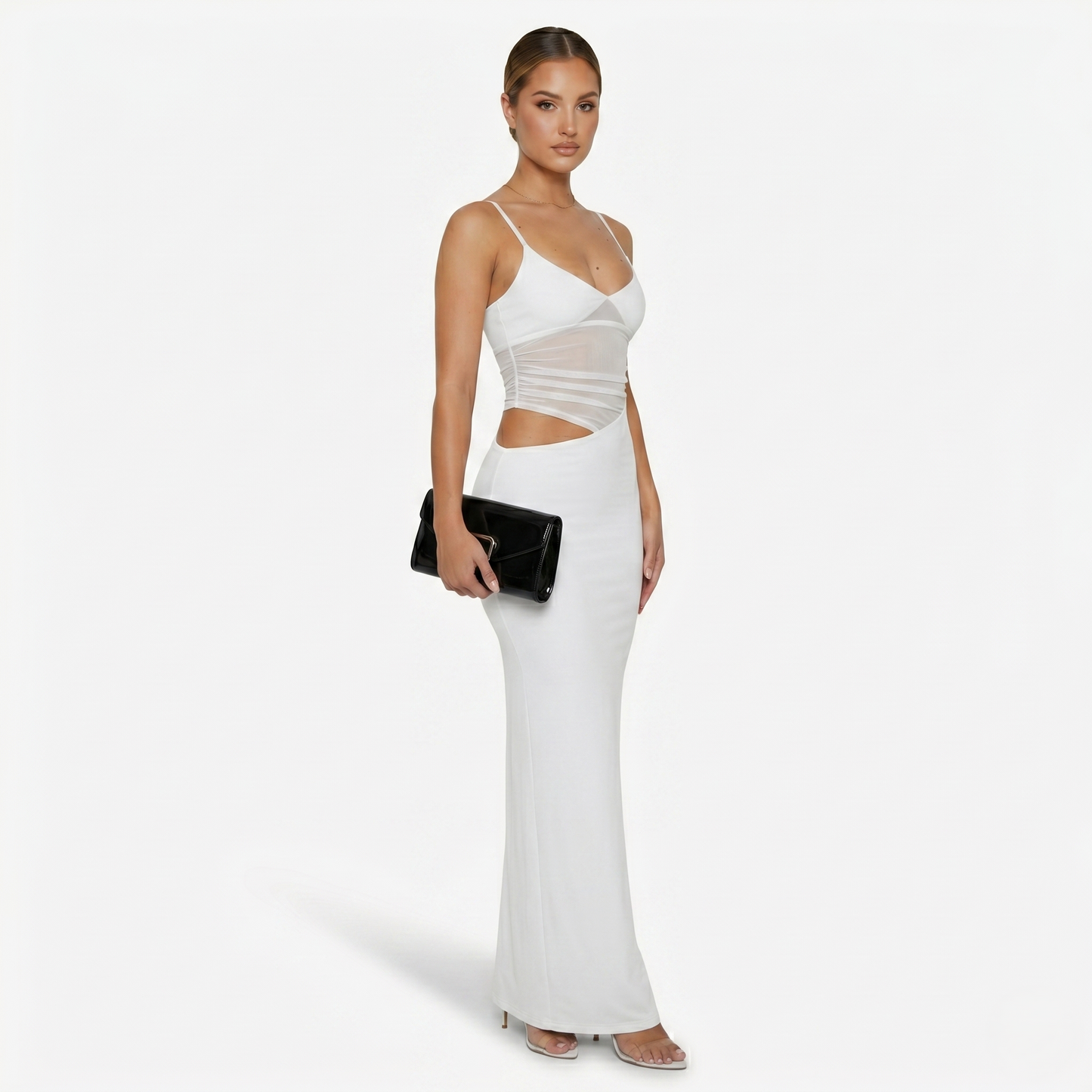Maxi Dress Women's Spaghetti Strap Mesh Panel Cut Out Bodycon