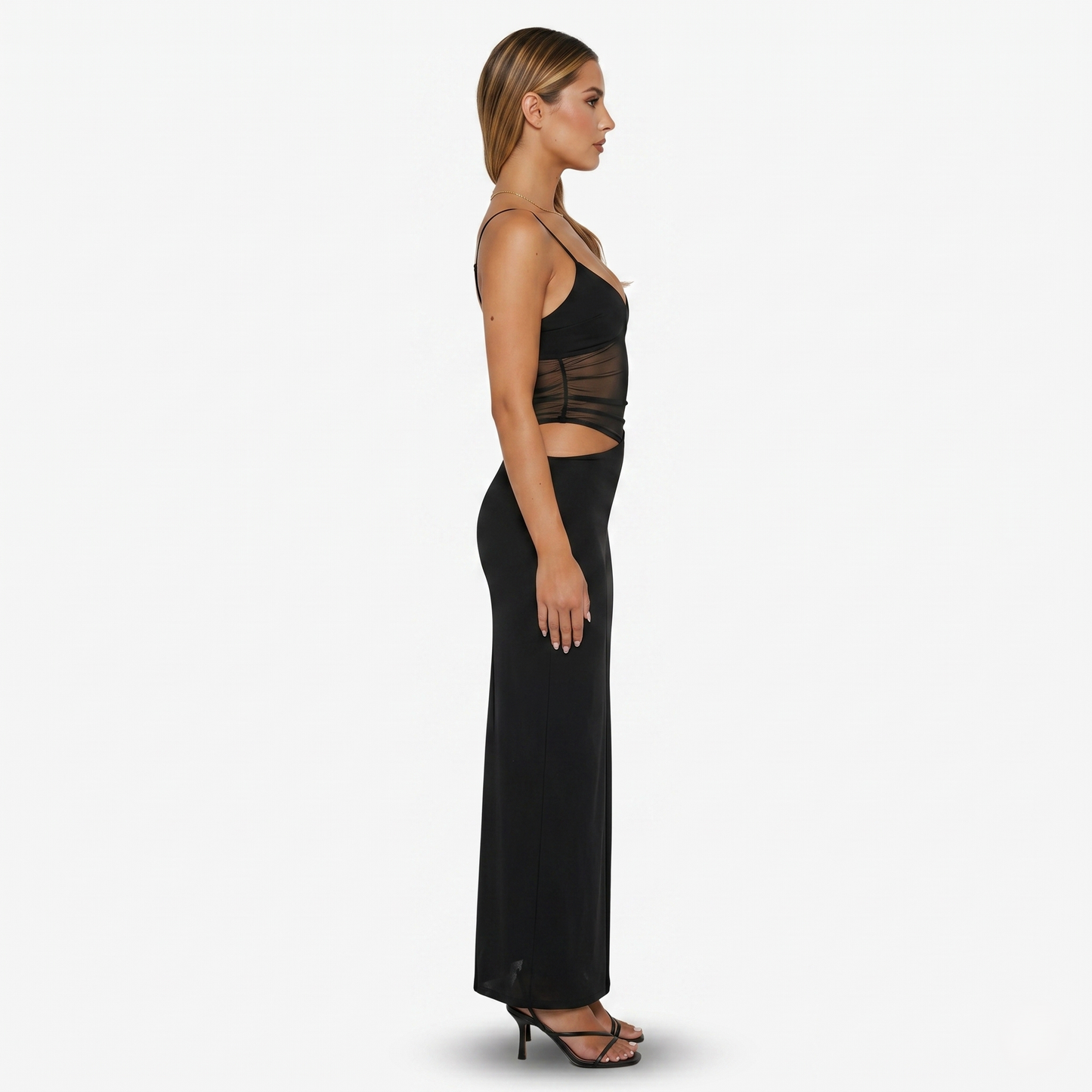 Maxi Dress Women's Spaghetti Strap Mesh Panel Cut Out Bodycon