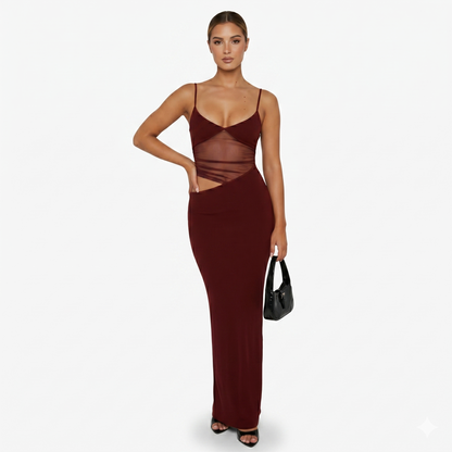 Maxi Dress Women's Spaghetti Strap Mesh Panel Cut Out Bodycon