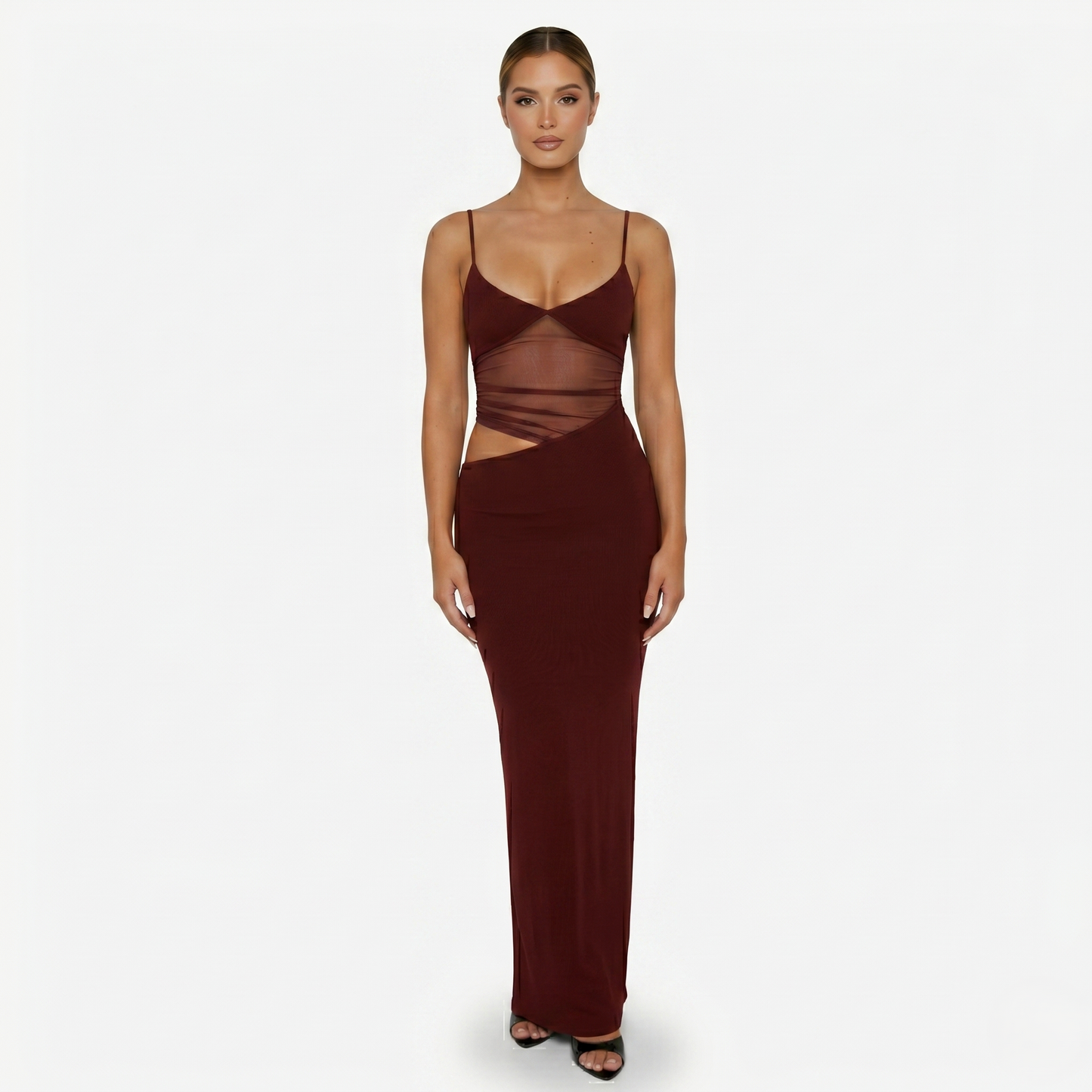 Maxi Dress Women's Spaghetti Strap Mesh Panel Cut Out Bodycon