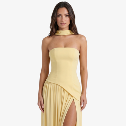 Maxi Dress Women's Strapless Corset Bodice Pleated Skirt Side Slit