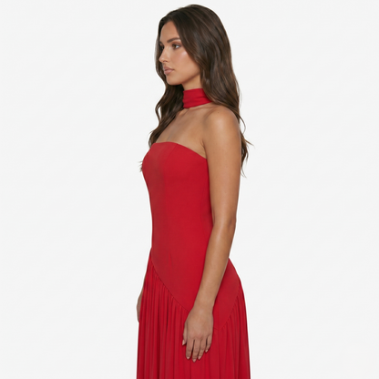 Maxi Dress Women's Strapless Corset Bodice Pleated Skirt Side Slit