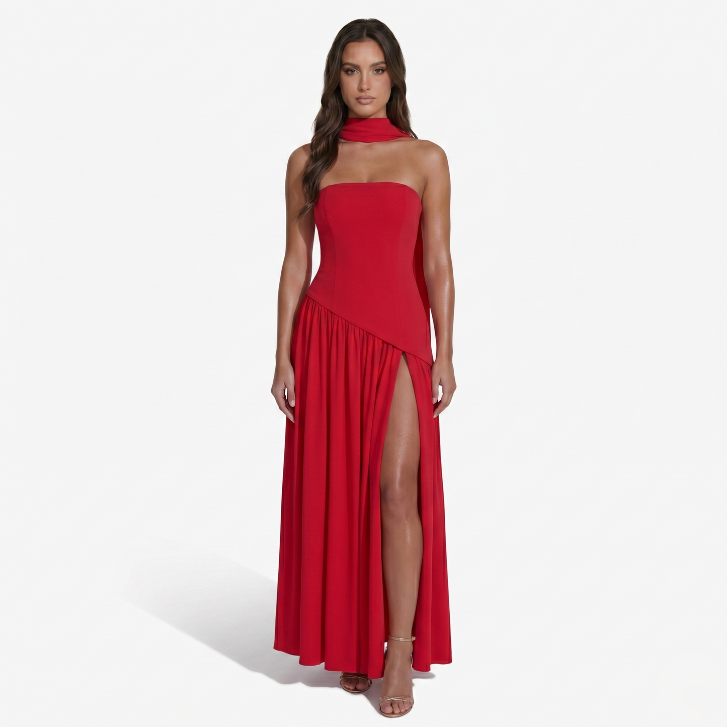 Maxi Dress Women's Strapless Corset Bodice Pleated Skirt Side Slit