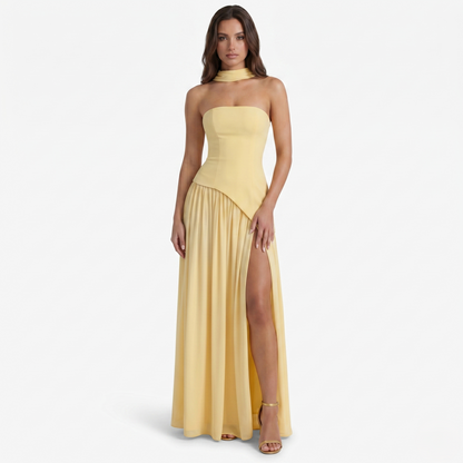 Maxi Dress Women's Strapless Corset Bodice Pleated Skirt Side Slit