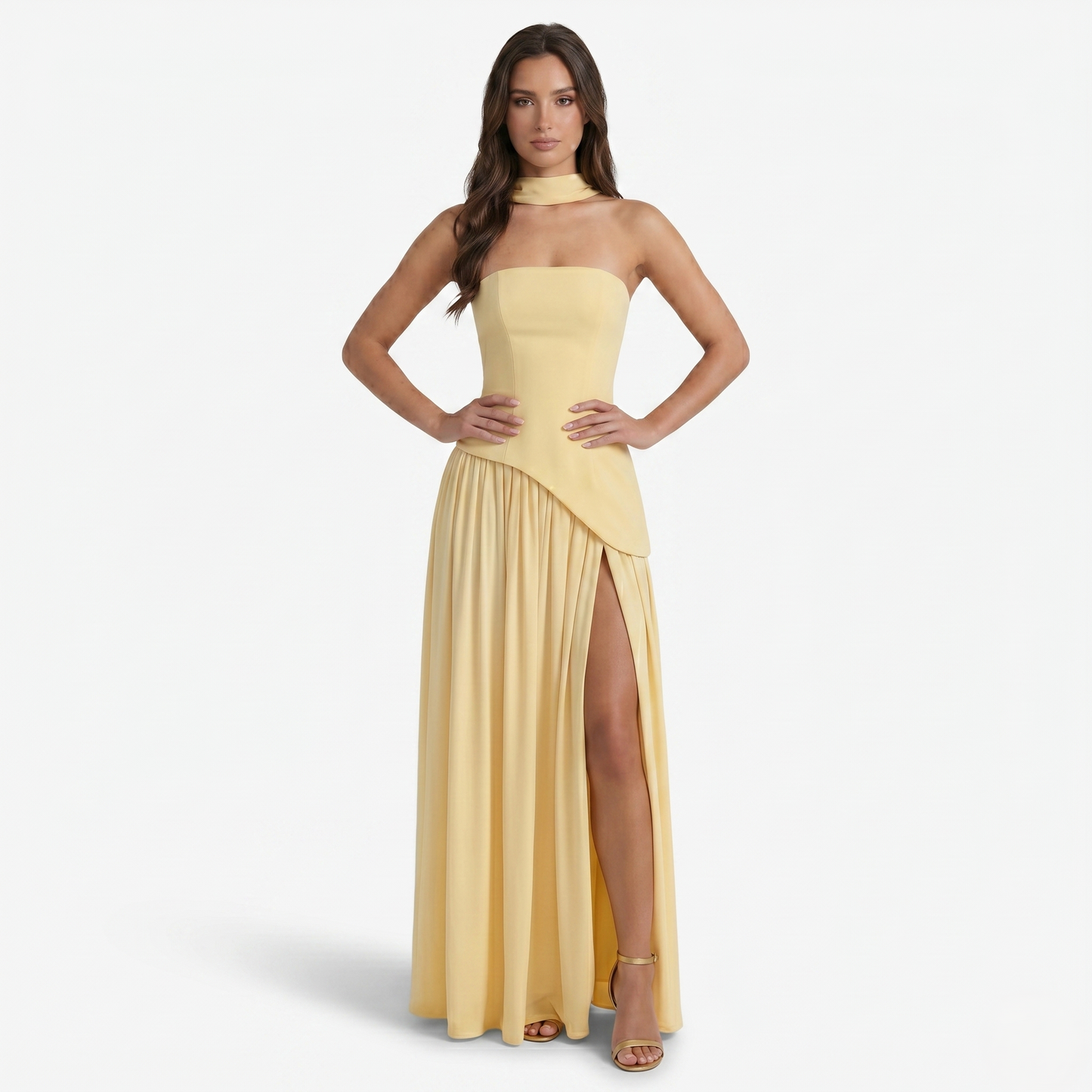 Maxi Dress Women's Strapless Corset Bodice Pleated Skirt Side Slit