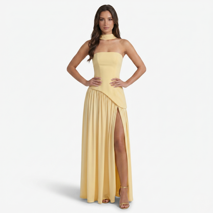 Maxi Dress Women's Strapless Corset Bodice Pleated Skirt Side Slit