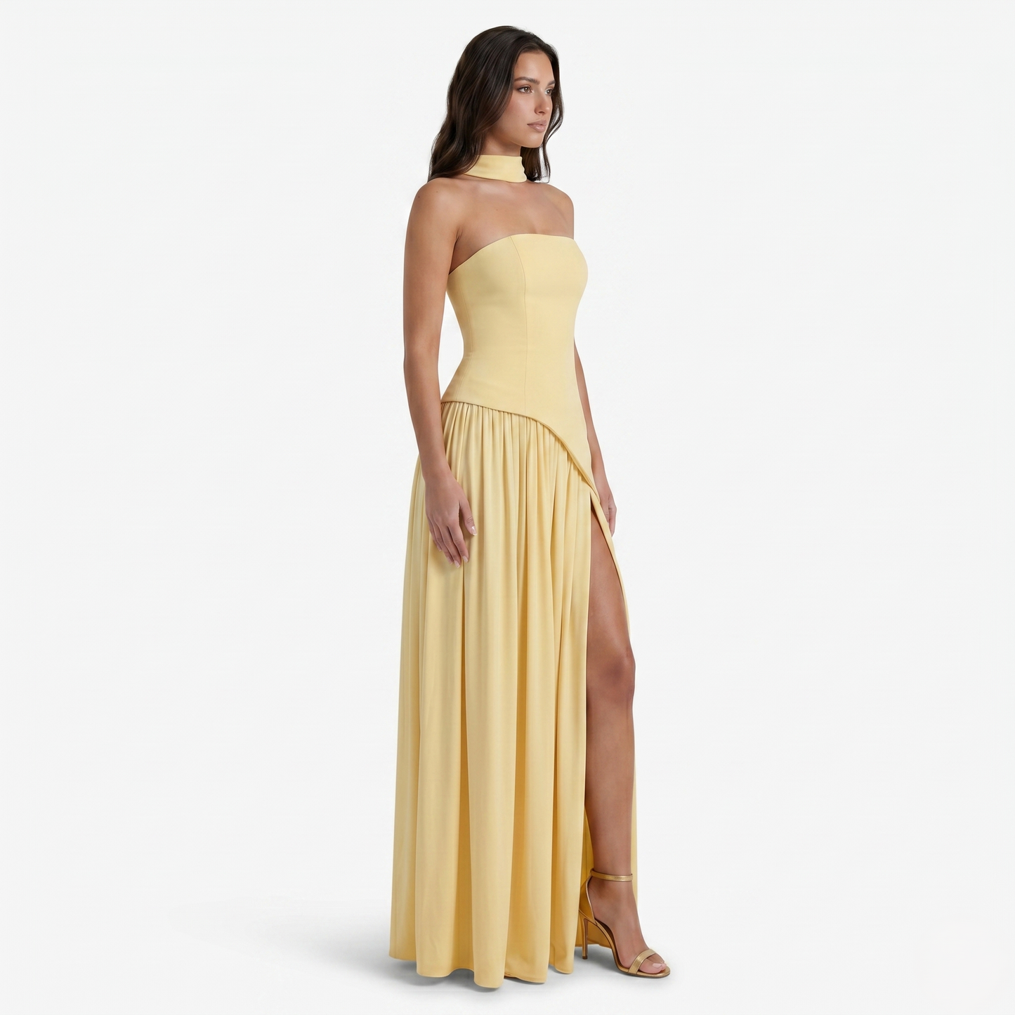 Maxi Dress Women's Strapless Corset Bodice Pleated Skirt Side Slit