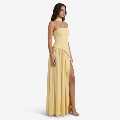 Maxi Dress Women's Strapless Corset Bodice Pleated Skirt Side Slit