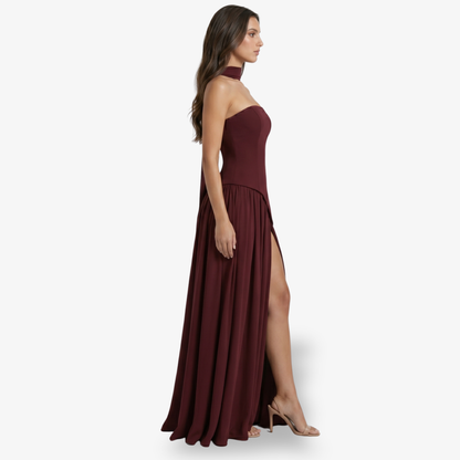 Maxi Dress Women's Strapless Corset Bodice Pleated Skirt Side Slit