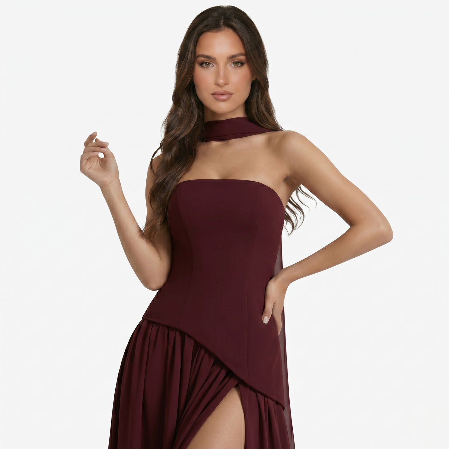 Maxi Dress Women's Strapless Corset Bodice Pleated Skirt Side Slit