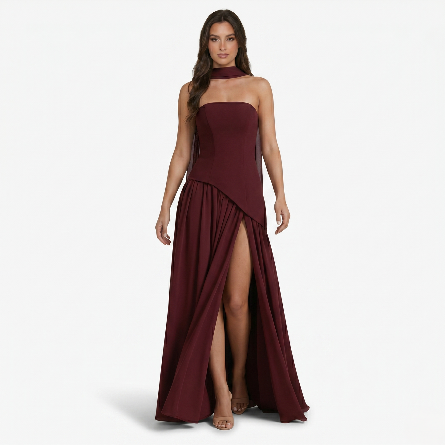Maxi Dress Women's Strapless Corset Bodice Pleated Skirt Side Slit