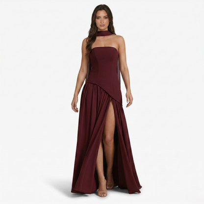 Maxi Dress Women's Strapless Corset Bodice Pleated Skirt Side Slit