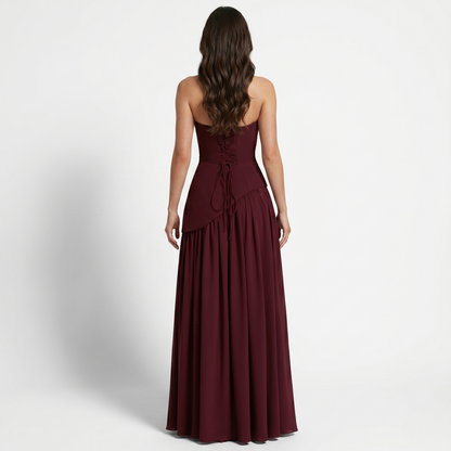 Maxi Dress Women's Strapless Corset Bodice Pleated Skirt Side Slit