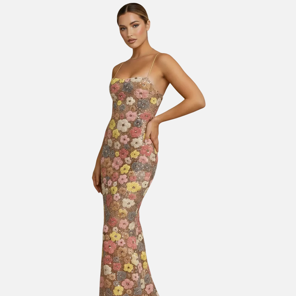 Fitted Maxi Dress Women’s Floral Print Sequin