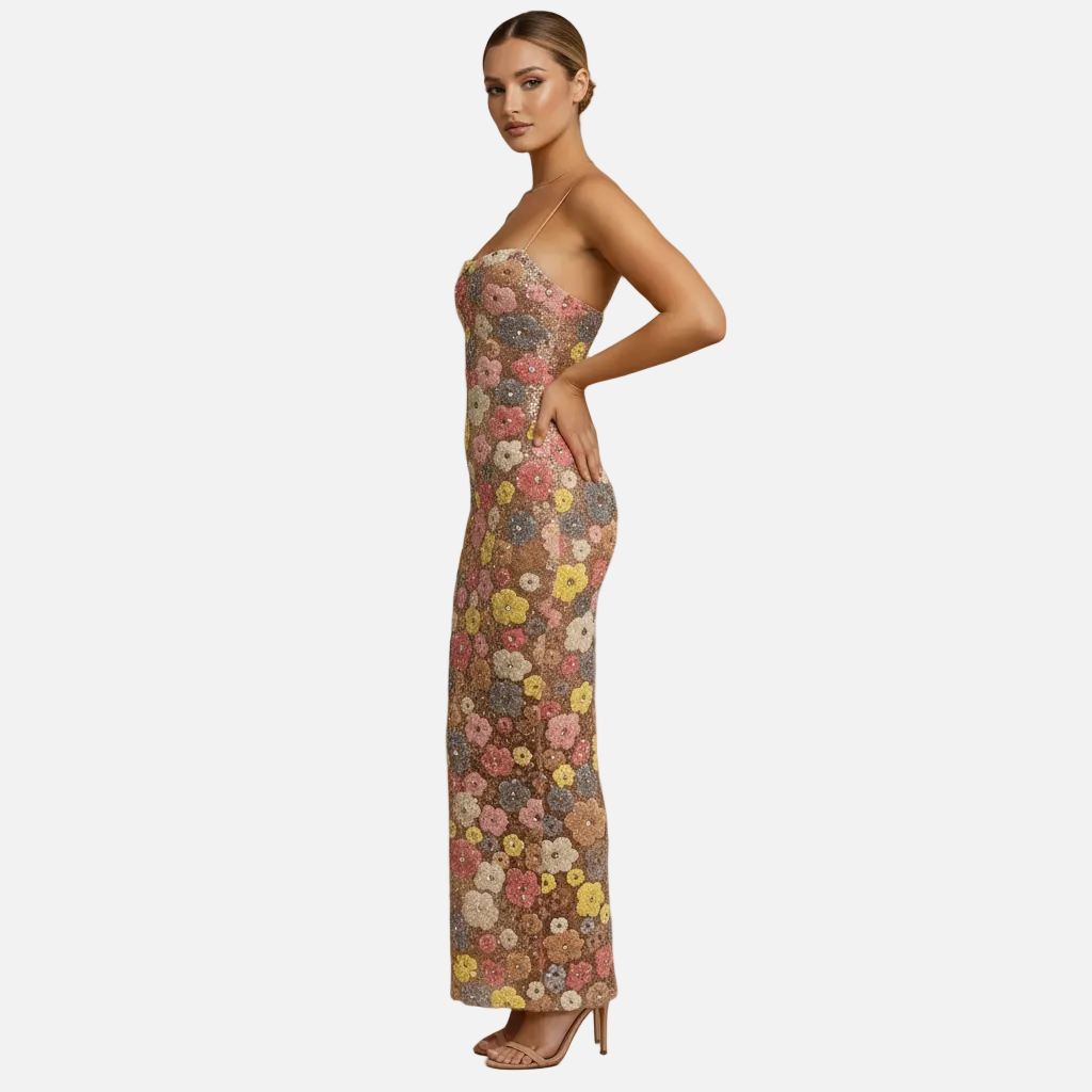 Fitted Maxi Dress Women’s Floral Print Sequin