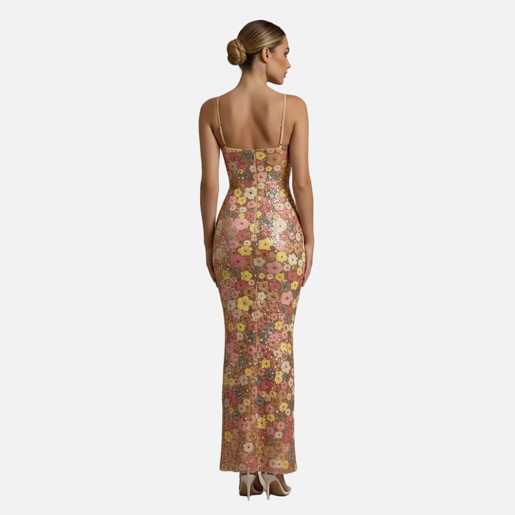Fitted Maxi Dress Women’s Floral Print Sequin