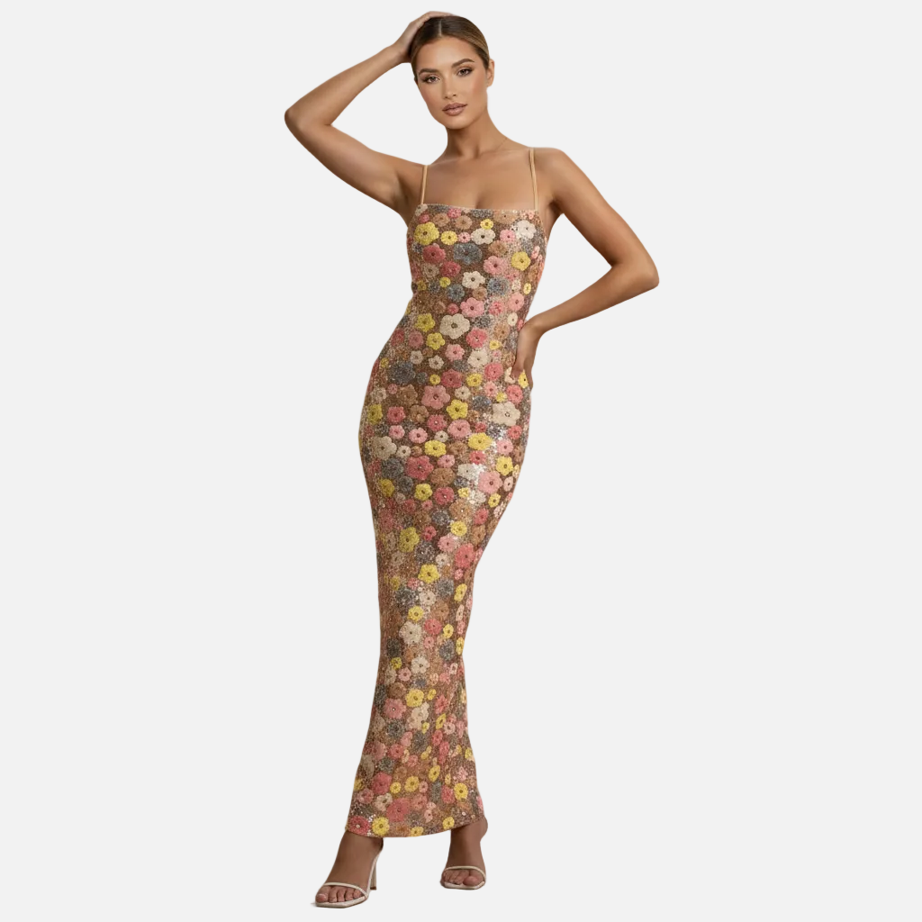 Fitted Maxi Dress Women’s Floral Print Sequin