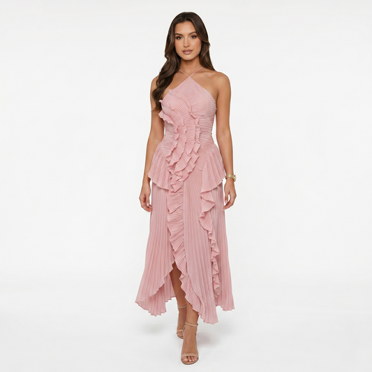 Maxi Dress Women’s Halter Neck Pleated Ruffle Sleeveless Back Tie