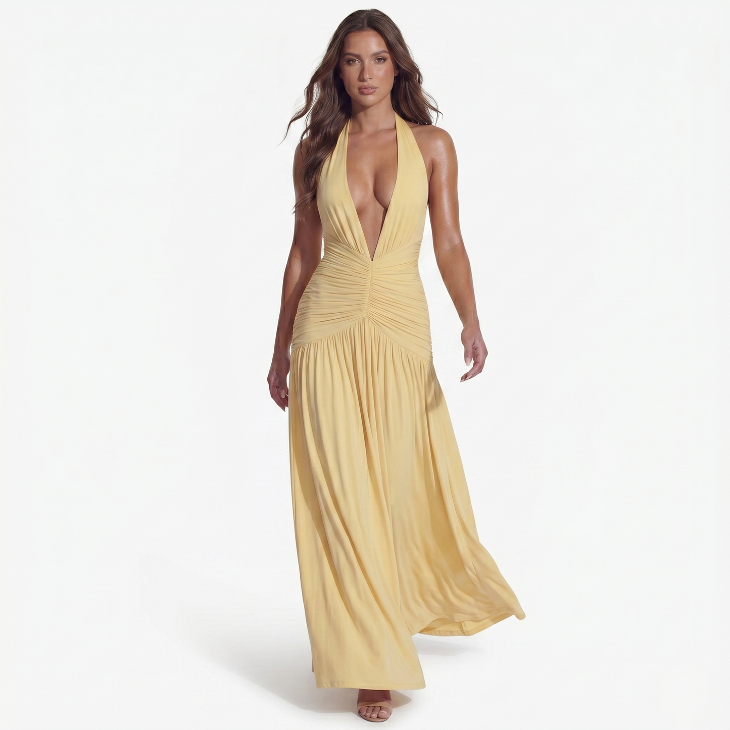 Maxi Dress Women's Halter Plunge Neckline Ruched