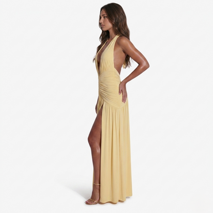 Maxi Dress Women's Halter Plunge Neckline Ruched