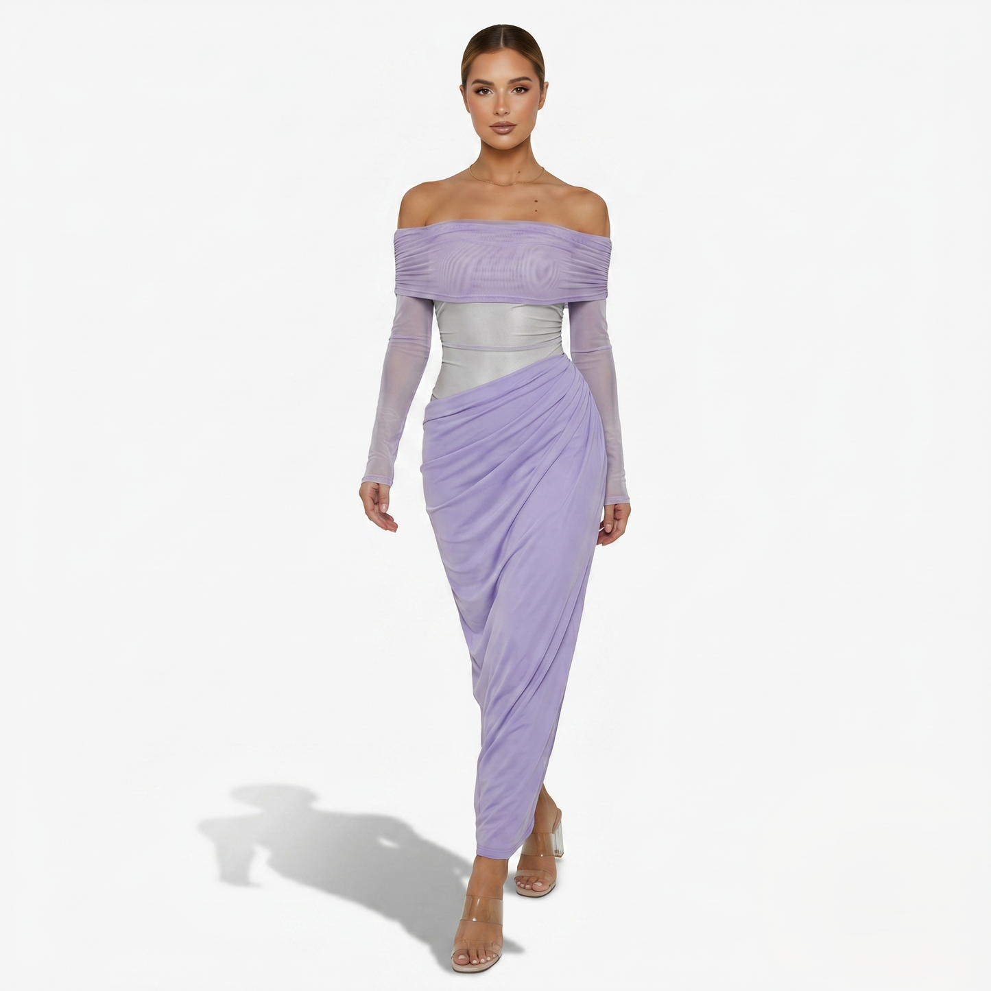 Maxi Dress Women's Off Shoulder Mesh Long Sleeve Ruched Bodycon