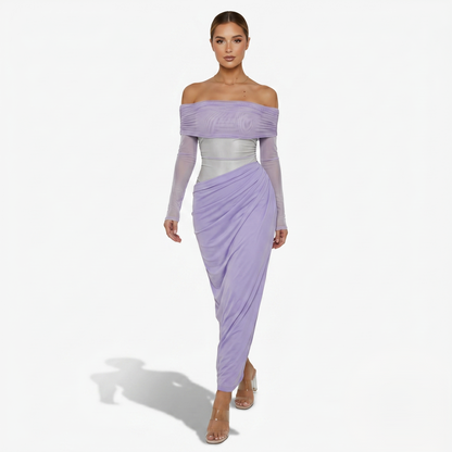 Maxi Dress Women's Off Shoulder Mesh Long Sleeve Ruched Bodycon