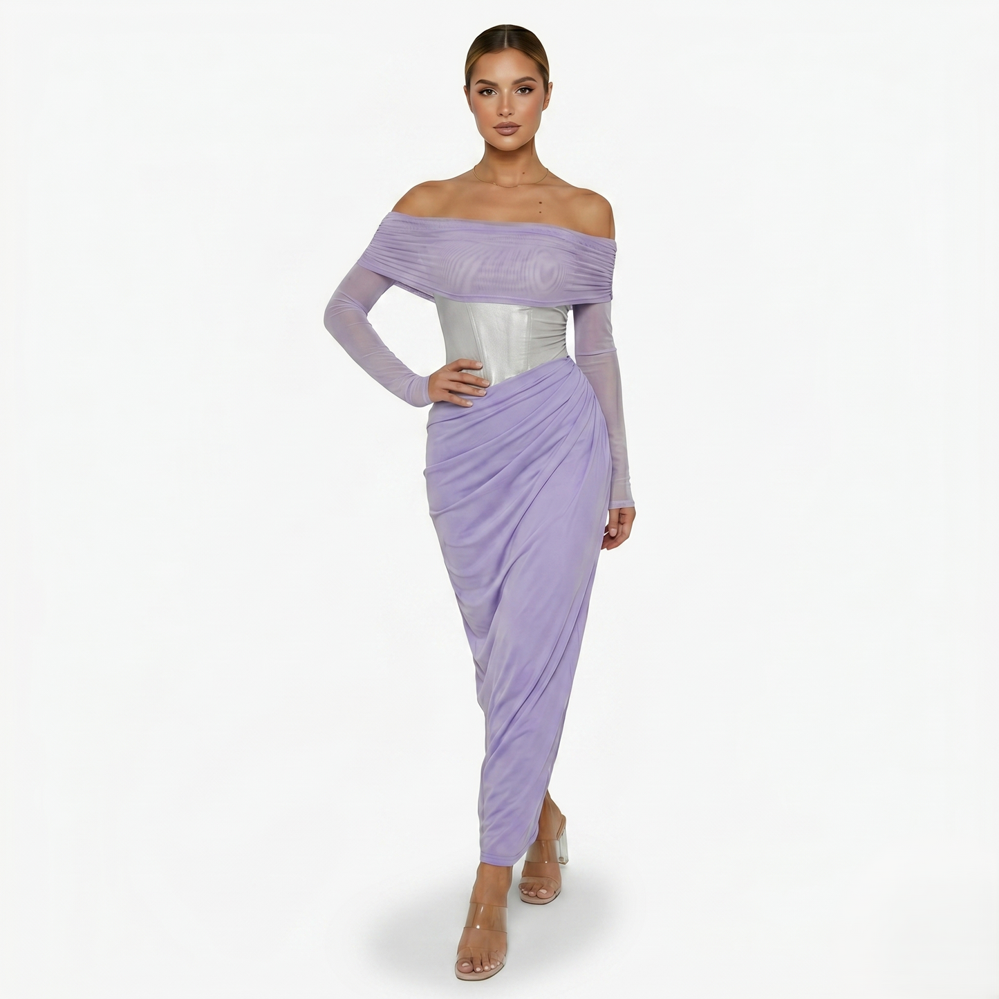 Maxi Dress Women's Off Shoulder Mesh Long Sleeve Ruched Bodycon