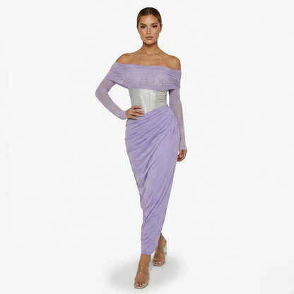 Maxi Dress Women's Off Shoulder Mesh Long Sleeve Ruched Bodycon