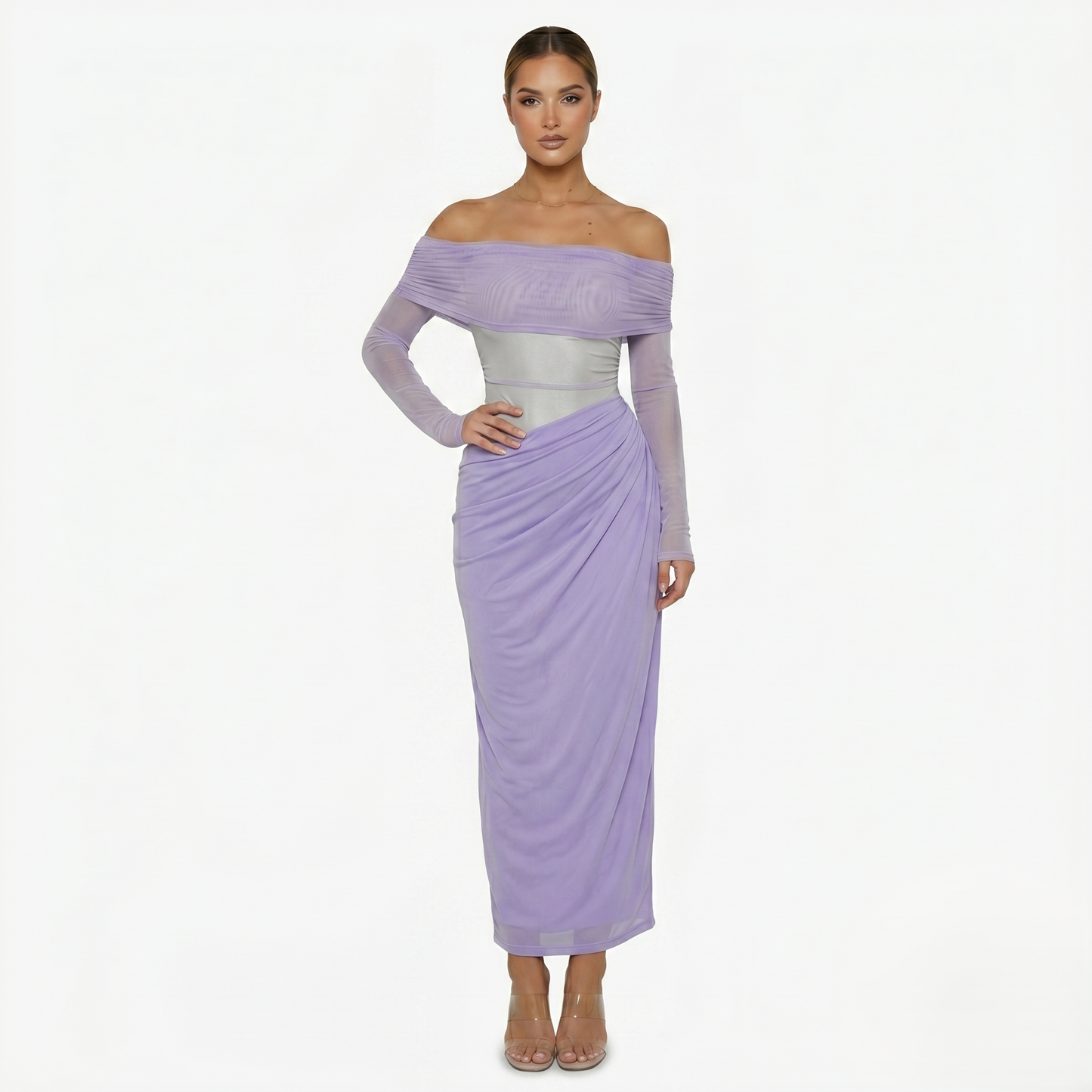 Maxi Dress Women's Off Shoulder Mesh Long Sleeve Ruched Bodycon