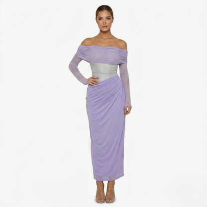 Maxi Dress Women's Off Shoulder Mesh Long Sleeve Ruched Bodycon