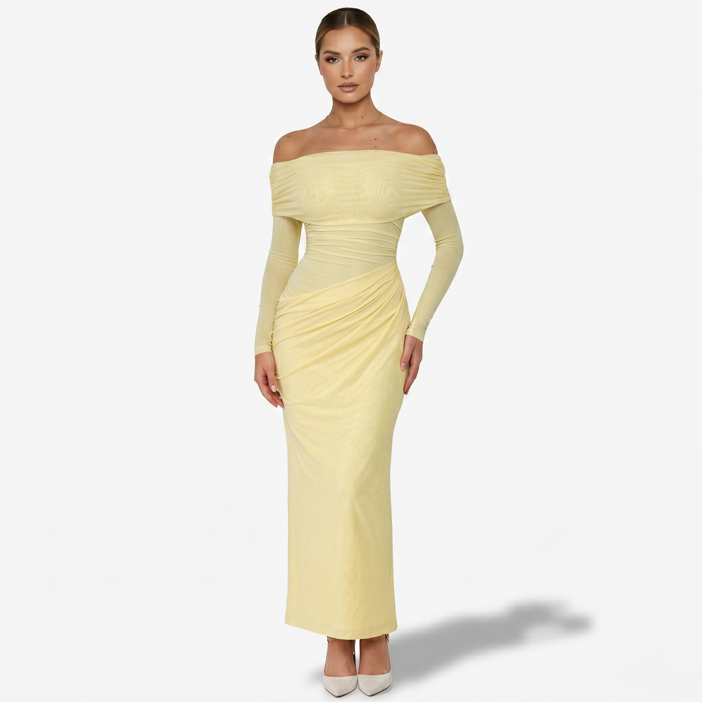 Maxi Dress Women's Off Shoulder Mesh Long Sleeve Ruched Bodycon