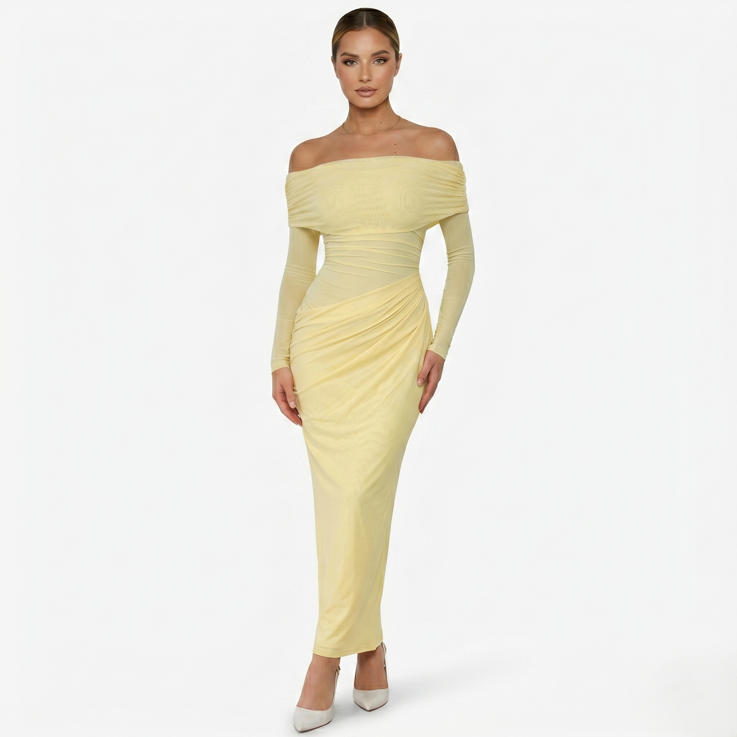 Maxi Dress Women's Off Shoulder Mesh Long Sleeve Ruched Bodycon