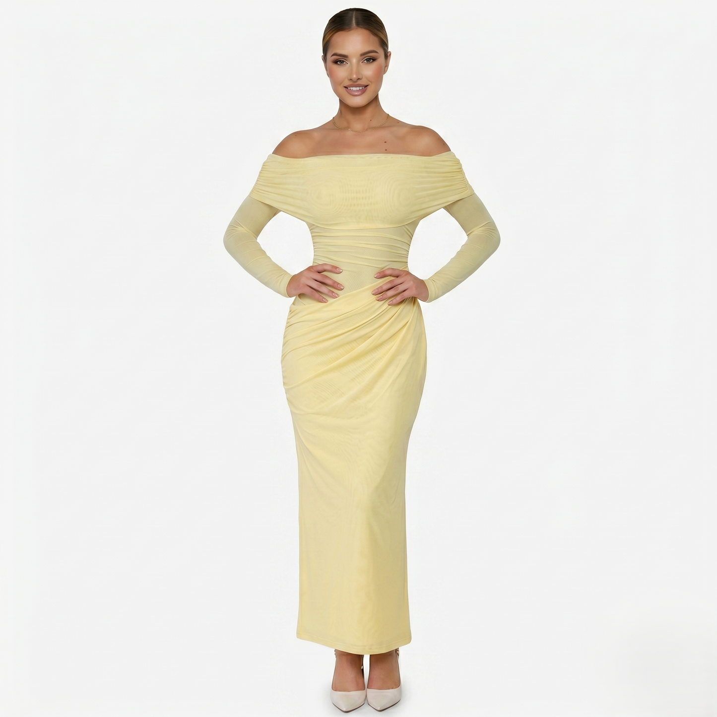 Maxi Dress Women's Off Shoulder Mesh Long Sleeve Ruched Bodycon