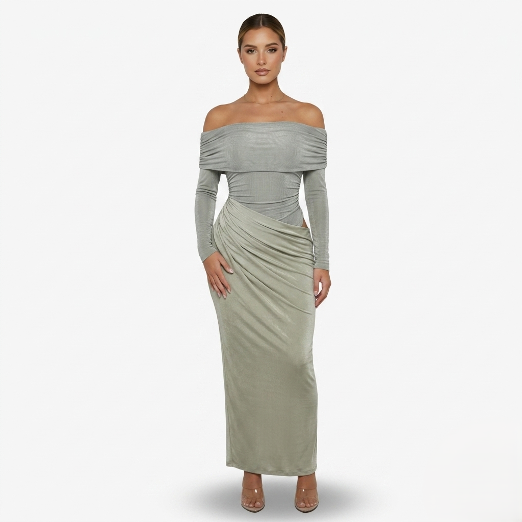 Maxi Dress Women's Off Shoulder Mesh Long Sleeve Ruched Bodycon