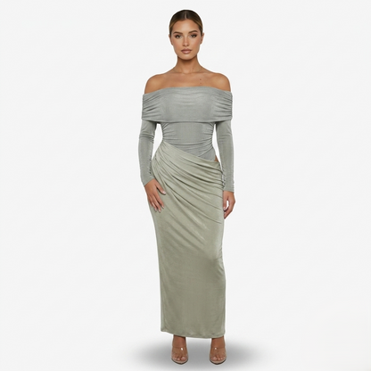 Maxi Dress Women's Off Shoulder Mesh Long Sleeve Ruched Bodycon