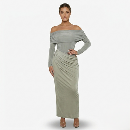 Maxi Dress Women's Off Shoulder Mesh Long Sleeve Ruched Bodycon