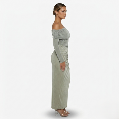 Maxi Dress Women's Off Shoulder Mesh Long Sleeve Ruched Bodycon