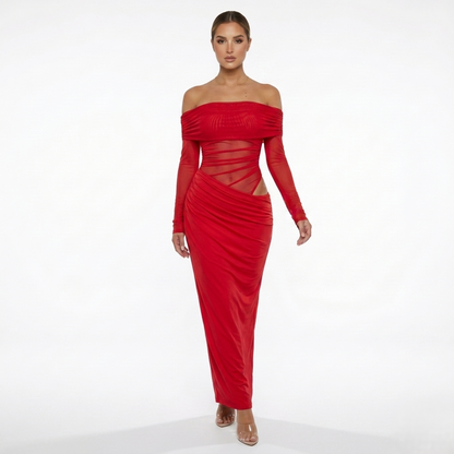 Maxi Dress Women's Off Shoulder Mesh Long Sleeve Ruched Bodycon