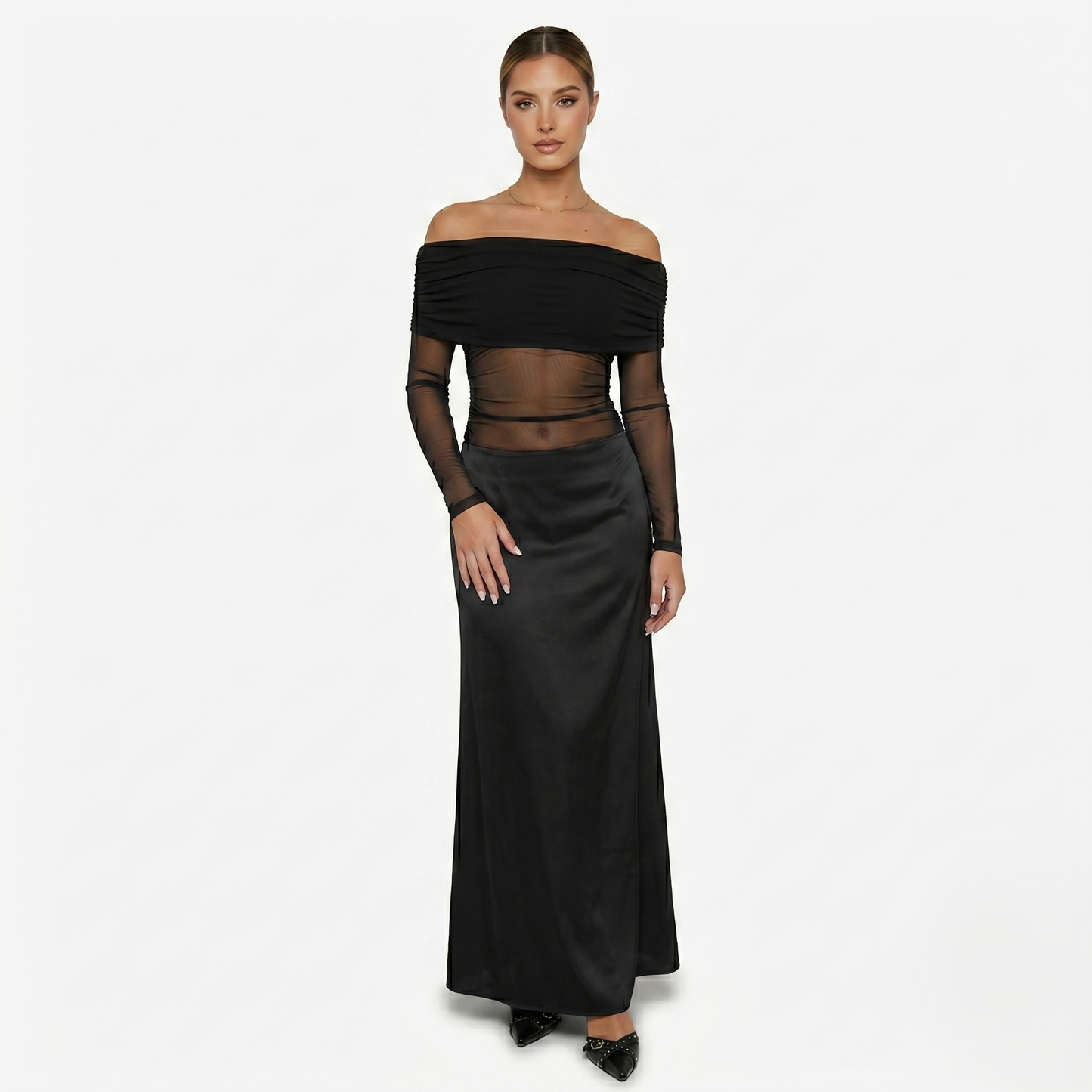 Maxi Dress Women's Off Shoulder Mesh Long Sleeve Ruched Bodycon